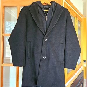 Young man's blazer-style coat with zip out hoodie.  Tag says M, but fits S.